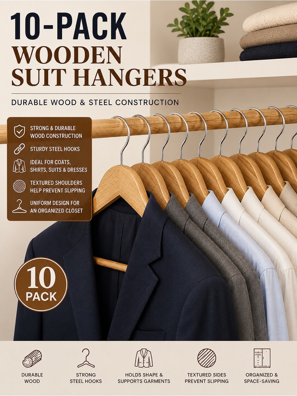 10-Pack Wooden Suit Hangers - Natural Wood